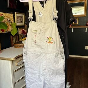 Vintage Tweety's Garden Embroidered Floral Short Overalls Size XL